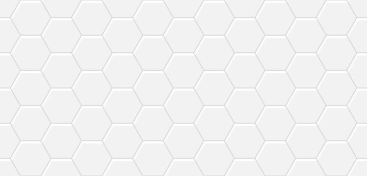 Hexagon ceramic tile pattern for floor and wall. White seamless texture for bathroom, kitchen backsplash and toilet floor. Modern background with hexagonal tiles, interior mosaic. Vector illustration