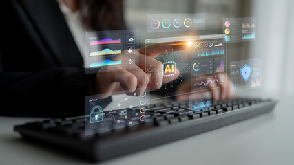 Fototapeta premium An Artificial Intelligence platform for business intelligence. The dashboard shows advanced data analytics, predictive modeling, and security monitoring through various visualizations. Fermion