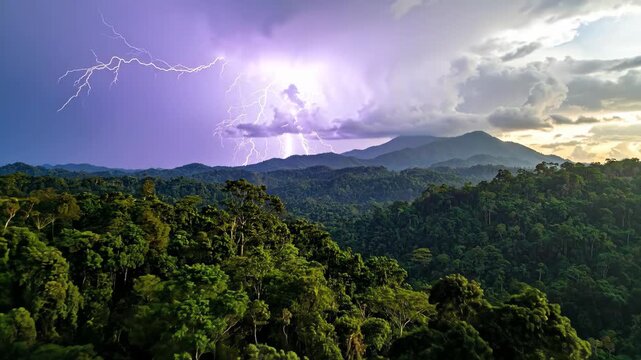 Dramatic Lightning Strike Over Lush Forested Mountain Landscape During Storm.