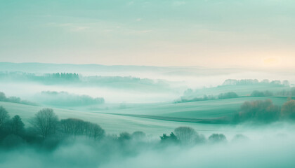 Fototapeta premium Aerial view of a misty landscape with rolling hills and trees under a cloudy sky at sunrise or sunset with soft green and yellow hues.