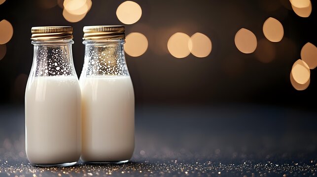 Two glass milk bottles with metal caps filled with fresh white milk against warm bokeh lights background for dairy products and healthy nutrition concepts.