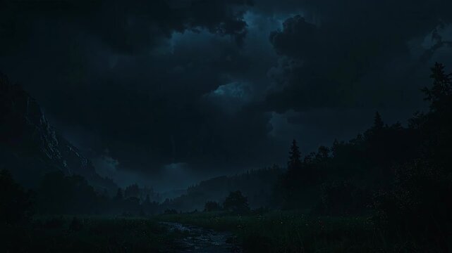 Dramatic Thunderstorm Lightning Strike Over Mountain Landscape at Night.