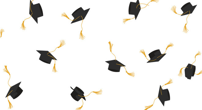 Multiple black graduation caps with yellow tassels are scattered and falling across a clean white background in a dynamic pattern.