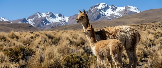 Fototapeta premium Alpaca family grazing in Andean highlands with snow-capped mountains. Mother and baby llama in natural habitat. Wildlife photography for travel and nature content.