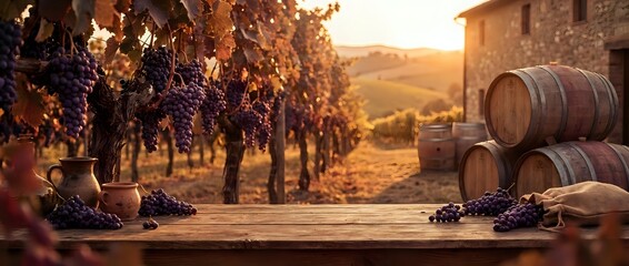 Fototapeta premium Vineyard harvest scene with ripe grapes, wooden barrels and rustic winery building at golden sunset. Wine production and agriculture concept for marketing materials.