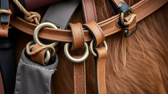 close up of string and leather straps of pack girth and strap metal round rings and buckles brown leather and string girth tack for horse packing vertical image