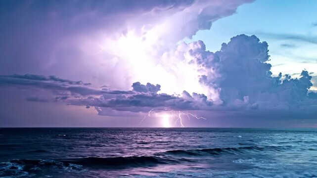 Dramatic Thunderstorm Over Ocean with Lightning and Cloud Formation.