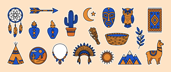 Native American Cultural Icons: a vibrant collection of indigenous american symbols, including dreamcatchers, arrows, cacti, masks, owls, rugs, teepees, and llamas. © Saiid-Designs