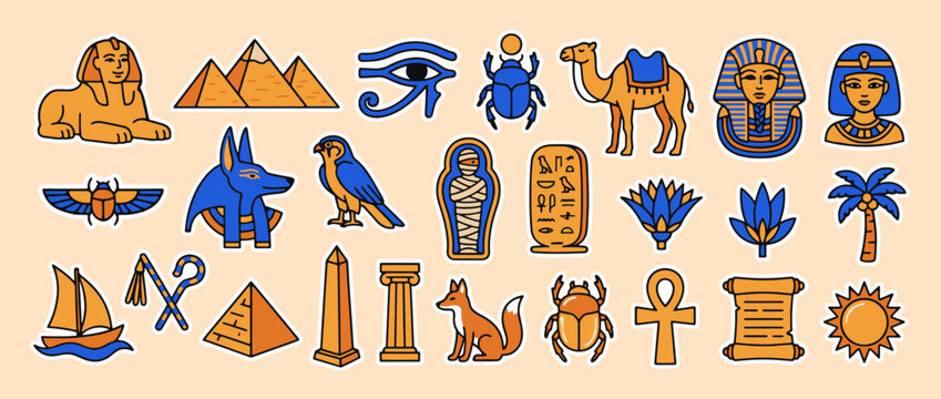 Ancient Egypt Symbols and Icons: A captivating collection of iconic symbols and illustrations representing the rich culture and history of ancient Egypt, featuring pyramids, pharaohs, hieroglyphs.