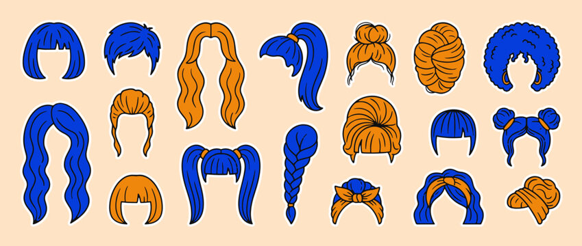 Women's Hairstyle Collection: A colorful assortment of stylish wigs in various shapes and forms, perfect for illustrating hairstyling.