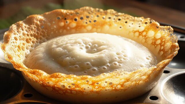 Close Up Macro Shot Of A Perfectly Cooked Crispy Golden Brown Appam Pancake In A Traditional Metal Pan With Soft Natural Sunlight Illuminating Its Delicate Texture And Steam Rising Gently Ready To Be