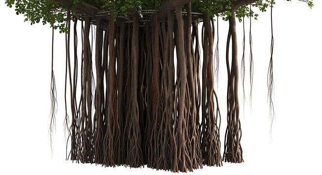 Numerous aerial roots descend from the canopy of a large tropical tree structure