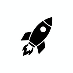 Minimalist black rocket icon symbolizing a successful startup launch, business growth, technological advancement, and innovative progress