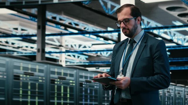 Data center computer scientist using tablet app, managing equipment powering online platforms. Man walks in server room, doing maintenance on digital storage systems using touchscreen device, camera B