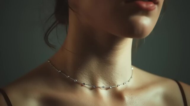 A woman's neck and chin softly illuminated by gentle light wearing a delicate necklace in a serene atmosphere