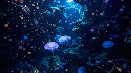 Fototapeta premium Ethereal jellyfish floating in deep ocean waters with magical bioluminescent particles creating dreamy underwater atmosphere for marine life concepts.