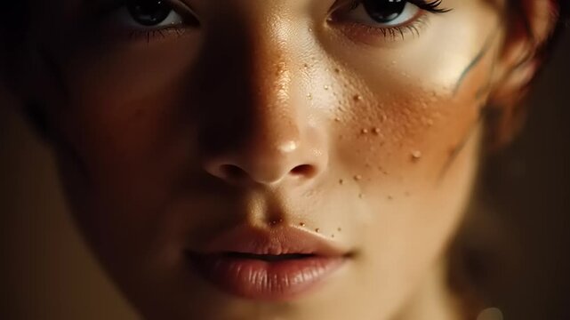 A close-up shot of a woman's face with freckles and moist skin, captured in a dimly lit environment