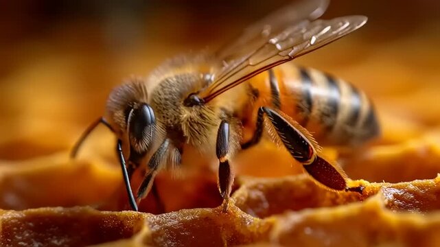 A close-up view of a bee collecting nectar from honeycomb cells