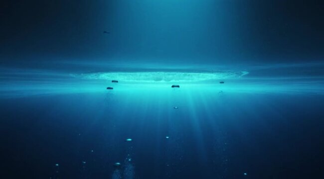 Underwater Light Rays and Bubbles Flowing Downwards in Deep Blue Ocean