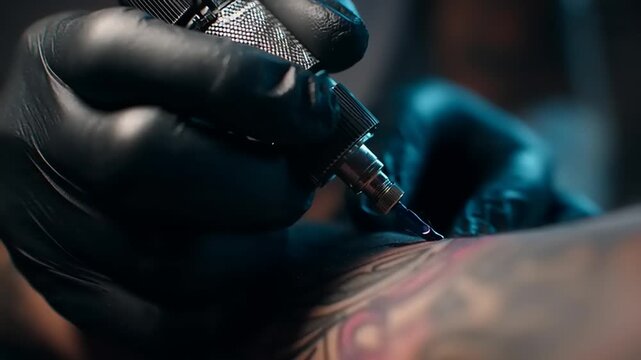 Tattoo artist's hand in black gloves holding a tattoo machine and working on a person's arm with an existing tattoo in a close-up view