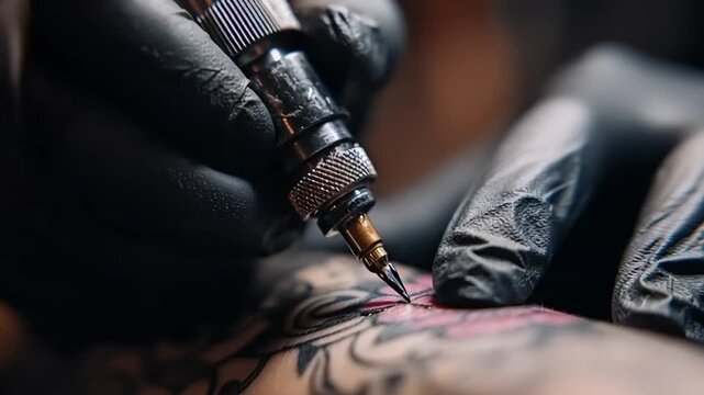 Tattoo artist's hands in black gloves applying ink to a client's skin with a tattoo machine closely