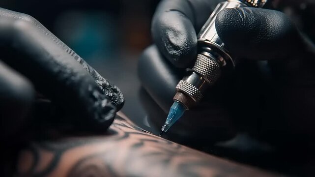 Tattoo artist inking floral designs on skin with precision and care in a close-up view