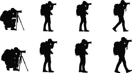 Black Silhouette Set of Professional Photographers with Cameras Tripods and Backpacks Taking Photos in Various Poses Isolated on White Background