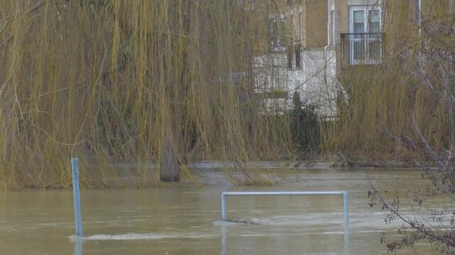Flooded river, fast flowing muddy brown water, willow trees and residential apartments in background, submerged railing and signpost in foreground