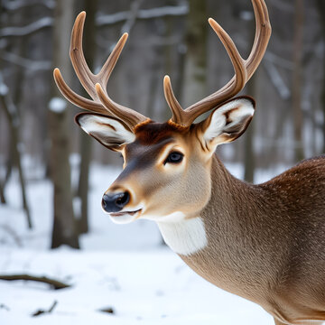 Real big deer maral on the background of a snowy park, close-up.
