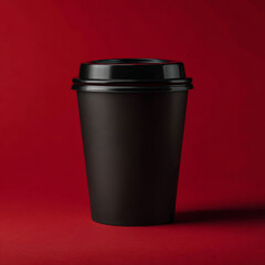 Black paper coffee cup with black plastic lid on dark red background, minimal style, modern and sleek design