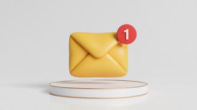Minimalist 3d render of a single yellow email notification icon floating above a modern white podium pedestal
