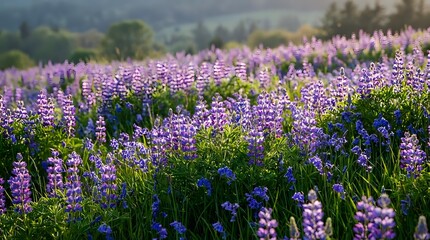 Obraz premium Purple lupine wildflowers blooming in meadow field during golden hour sunset with soft bokeh background for nature photography and botanical designs.