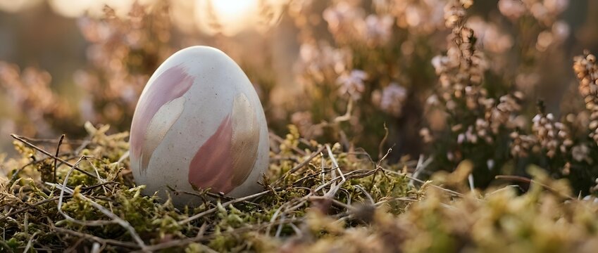 Easter egg nestled in moss and heather during golden hour sunrise, creating warm spring atmosphere for holiday celebrations and seasonal greeting cards.