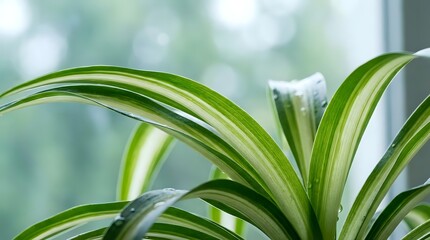 Fototapeta premium Green spider plant leaves with white stripes in soft natural light by window, houseplant foliage for home decor and indoor gardening concepts.