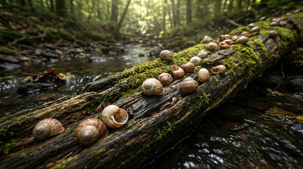 Fototapeta premium A Colony of Snails Resting on a Mossy Log by a Forest Stream