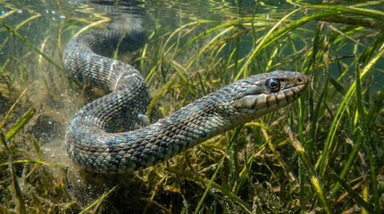 Obraz premium Close-up of a banded water snake gracefully slithering through submerged aquatic vegetation