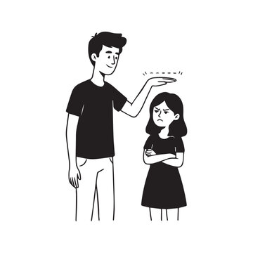 Line art illustration of a tall man measuring height difference against a short annoyed woman
