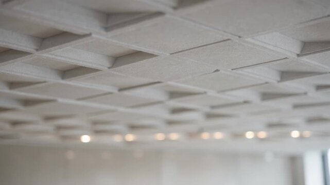 Focused medium shot of patterned overhead acoustic panels emphasizing relief design with out of focus ceiling lights