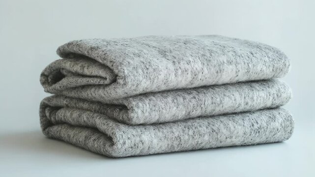 Three neatly folded heathered grey wool blankets stacked on a white background, showing thick textured fabric conveying warmth and domestic comfort.