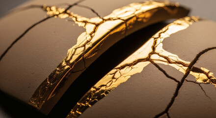 Golden Kintsugi Repair on Cracked Ceramic Surface