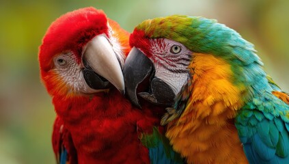 Fototapeta premium close-up of two colorful macaw parrots in love