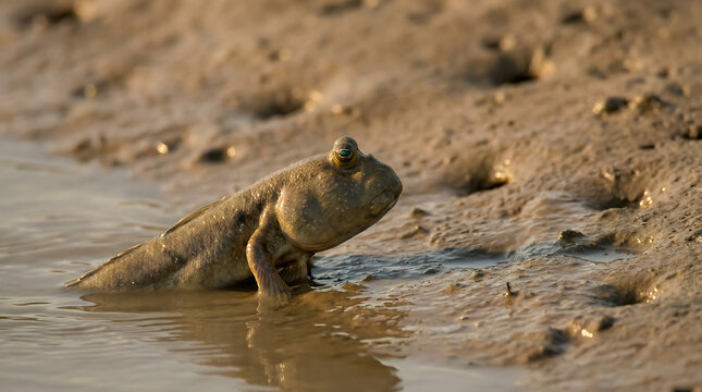 Unique amphibious mudskipper fish emerging from muddy wetland water, showcasing its peculiar terrestrial locomotion.