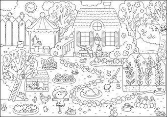 Vector empty black and white garden landscape. Country house line detailed scene with greenhouse. Cute spring nature background, coloring page with birds, birdhouse, scarecrow