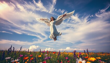 Naklejka premium Angel Rising Over Flower Field