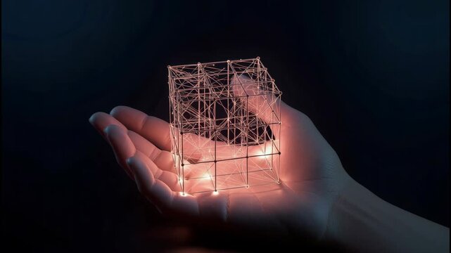 Glowing wireframe cube network cradled open hand with interconnected light nodes and futuristic
