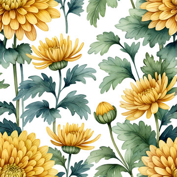 Watercolor chrysanthemums in a detailed, intricate style.