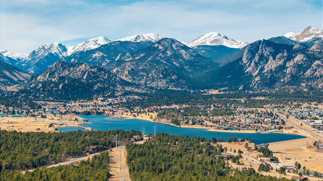 Drone view of Estes Park, Colorado and Lake Estes