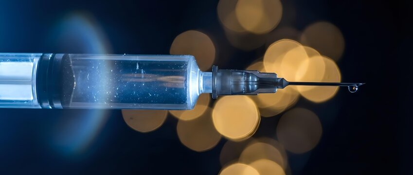 Medical syringe with needle against dark background with golden bokeh lights, healthcare and vaccination concept for clinical use.