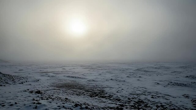Post-apocalyptic winter wasteland with thick fog and pale sun over frozen ground