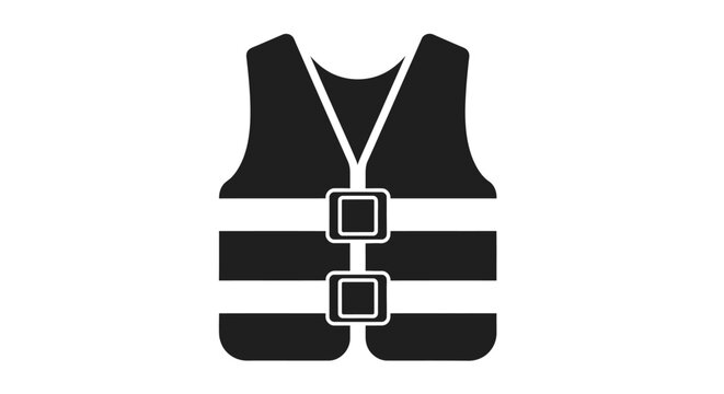 A black life jacket vector illustration with safety buckles and reflective straps on a white background, representing water safety equipment design graphic for aquatic activities.